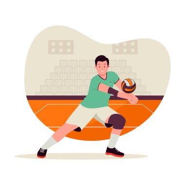 Erkek voleybol müsabakasının düz tasarımı. Web sitesi için resim, iniş sayfası, mobil uygulama, poster ve afiş. Moda düz vektör illüstrasyonu