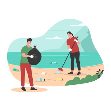 İnsanların atıklardan plaj temizlediği düz bir tasarım. Web sitesi için resim, iniş sayfası, mobil uygulama, poster ve afiş. Moda düz vektör illüstrasyonu
