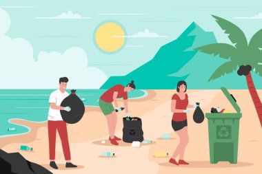 Çöpten plajı temizleyen gönüllülerin düz tasarımı. Web sitesi için resim, iniş sayfası, mobil uygulama, poster ve afiş. Moda düz vektör illüstrasyonu