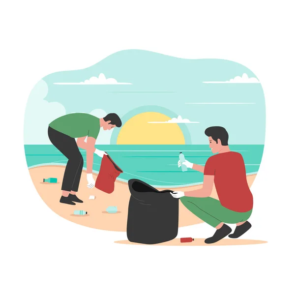 Flat Design People Cleaning Beach Wastes Illustration Website Landing Page — Stock Vector