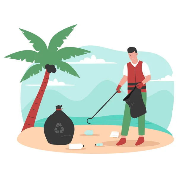 Επίπεδη Σχεδίαση Των Εργαζομένων Στην Παραλία Καθαρίζουν Σκουπίδια Στην Παραλία — Διανυσματικό Αρχείο