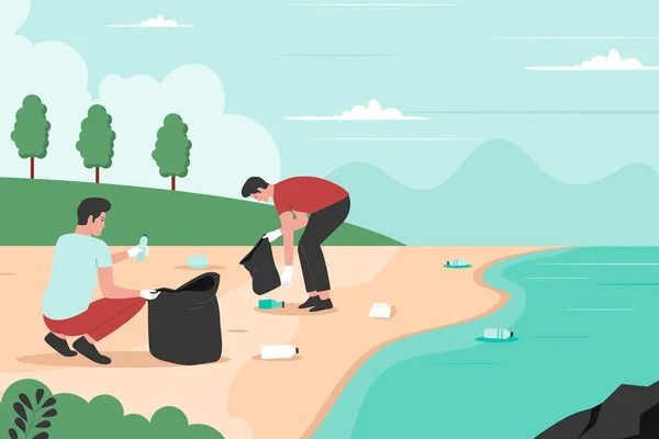 Diseño Plano Personas Limpiando Playa Los Residuos Ilustración Para Sitio — Vector de stock