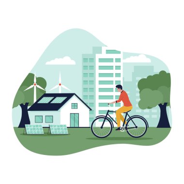 Eko Şehri 'nin vektör konsepti. Web sitesi için resim, iniş sayfası, mobil uygulama, poster ve afiş. Moda düz vektör illüstrasyonu