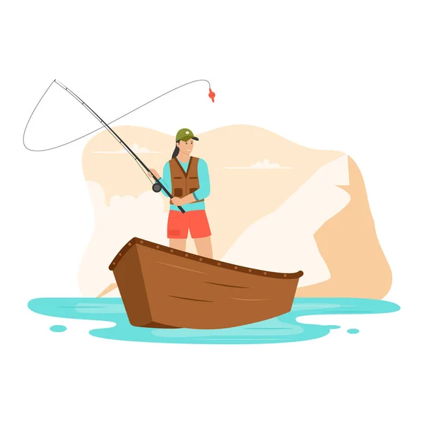 Kvinna Fiske Båt Illustration Koncept Illustration För Webbsidor Landningssidor Mobilappar — Stock vektor