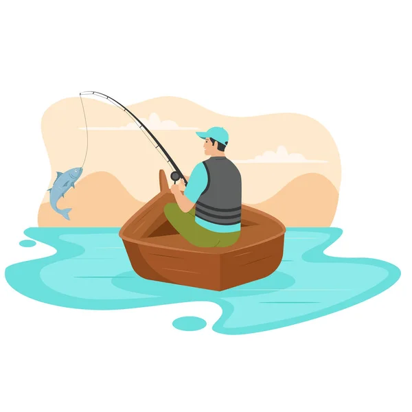 Рыбак Деревянной Лодке Концепции Иллюстрации Иллюстрация Сайта Целевой Страницы Мобильного — стоковый вектор