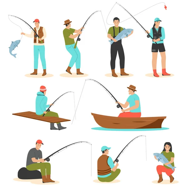 Conjunto Vectorial Pescadores Capturando Peces Ilustración Para Sitios Web Landing — Vector de stock