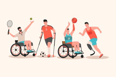 Engelli erkek atlet koleksiyonundan düz vektör. Web sitesi için resim, iniş sayfası, mobil uygulama, poster ve afiş. Moda düz vektör illüstrasyonu