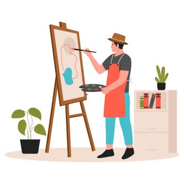 Ressamın tuvale yaptığı resmin tasviri. Web sitesi için resim, iniş sayfası, mobil uygulama, poster ve afiş. Moda düz vektör illüstrasyonu