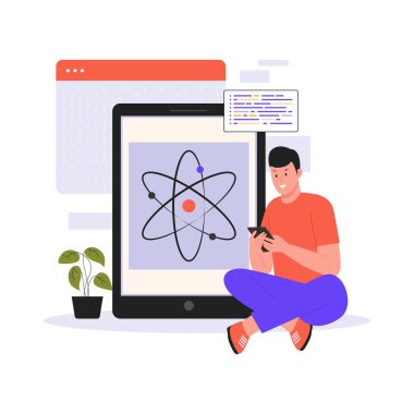 Kuantum hesaplama vektör çizimi. Web sitesi için resim, iniş sayfası, mobil uygulama, poster ve afiş. Moda düz vektör illüstrasyonu