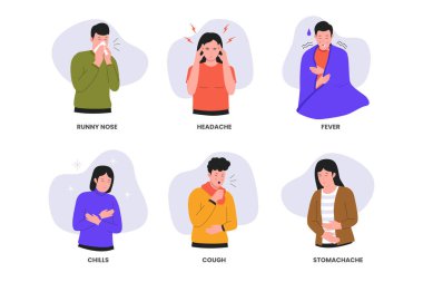 Bir grup hasta insan karakteri. Hasta insanlar kendilerini iyi hissetmiyor, öksürüyor, burnu akıyor, üşüyor, ateşi var ve baş ağrısı çekiyor. Düz vektör çizimi beyaz arkaplanda izole edildi