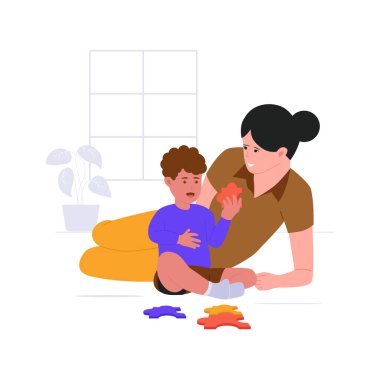 Anne oğluyla oyuncak oynuyor. Düz vektör çizimi beyaz arkaplanda izole edildi