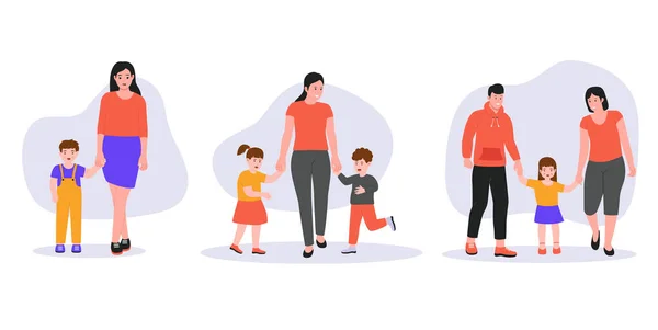 Söt Tecknad Illustration Uppsättning Föräldrar Med Barn Lycklig Familj Som — Stock vektor