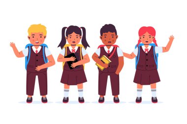 Okul çocuklarının resimlerinden oluşan bir koleksiyon. Düz vektör çizimi beyaz arkaplanda izole edildi
