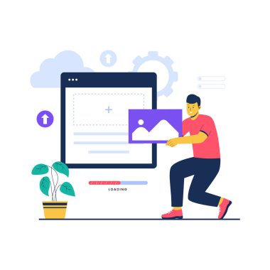 Resim yükleme teknolojisinin illüstrasyonunu kavra. Düz vektör çizimi beyaz arkaplanda izole edildi