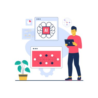 Derin öğrenme teknolojisinin tasviri. Düz vektör çizimi beyaz arkaplanda izole edildi