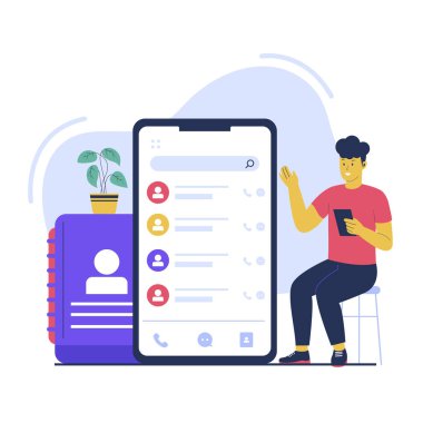 Kişi telefon rehberi uygulamalarının tasviri. Düz vektör çizimi beyaz arkaplanda izole edildi