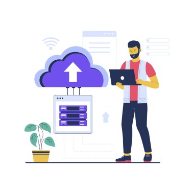 Bulut hesaplama teknolojisinin tasviri. Düz vektör çizimi beyaz arkaplanda izole edildi