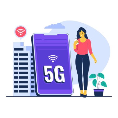 5G ağ teknolojisinin tasviri. Düz vektör çizimi beyaz arkaplanda izole edildi