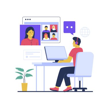 Çevrimiçi webinar veya seminer konsepti taşıyıcısı. Düz vektör çizimi beyaz arkaplanda izole edildi