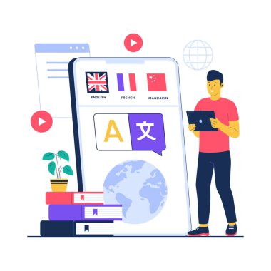 Çocukların dil öğrenme kursunun vektörü. Düz vektör çizimi beyaz arkaplanda izole edildi