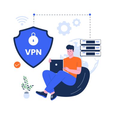 VPN illüstrasyonunun vektörü. Sanal özel ağ, internet güvenli bağlantı. Düz tasarım çizimi