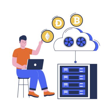 Bulut madenciliği kripto konsepti. Server madenciliği bitcoin. Düz tasarım çizimi