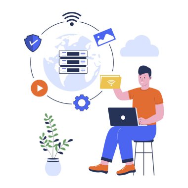 Küresel veri kavramının vektör illüstrasyonu. Bulut hesaplama vektörü. Düz tasarım çizimi