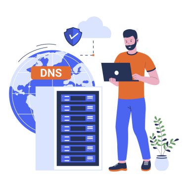 DNS konseptinin vektör illüstrasyonu. Alan adı sistemi, Bulut hesaplama vektörü. Düz tasarım çizimi