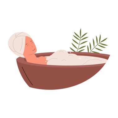 Küvet, kadın ve spa tedavisinin düz tasarımı. Kaplıcada dinlenen bir kadın. Düz tasarım çizimi