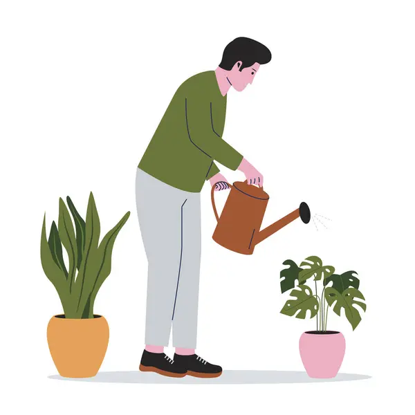 Homme Jardiniers Occupant Plantes Intérieur Illustration Illustration Design Plat — Image vectorielle