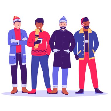 Kış kıyafetleri giymiş bir grup insan. Kış insanları koleksiyonu. Düz tasarım çizimi