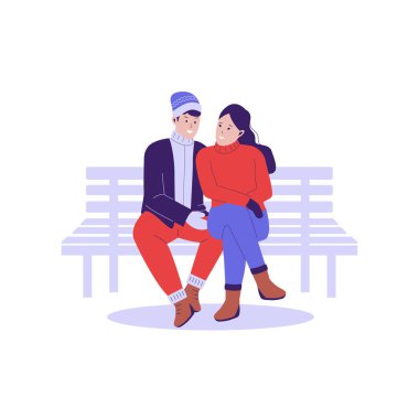 Kış mevsimi illüstrasyonunda kadın ve erkek romantizmi. Düz tasarım çizimi