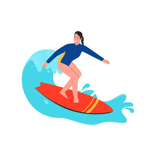 Woman Surfing Illustration Flat Design Illustration — Stock Vector