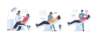 Diş hekimi bir sandalyede hastanın dişlerini kontrol ediyor. Tıp dişçiliği konsepti. Düz vektör biçimi koleksiyonu