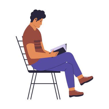 Sandalyede kitap okuyan bir adamın vektör karakteri. Vektör düz resimleme