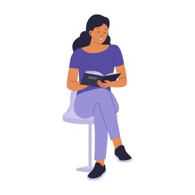 Sandalyede kitap okuyan kadın vektör karakteri. Vektör düz resimleme