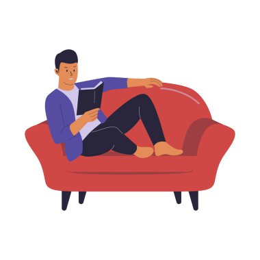 Kanepede kitap okuyan bir adamın vektör karakteri. Vektör düz resimleme