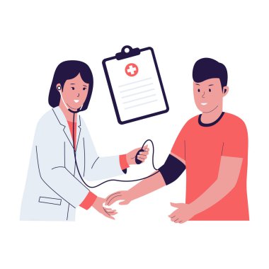 Kadın doktorun düz tasarımı tansiyon ölçer. Vektör düz resimleme