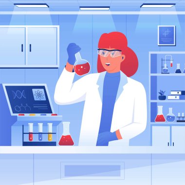 Araştırma laboratuarı, kadın bilim adamı laboratuarda çalışıyor. Vektör düz resimleme
