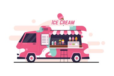 Sokak dondurma kamyonunun düz çizimi. Vektör veri illüstrasyonu
