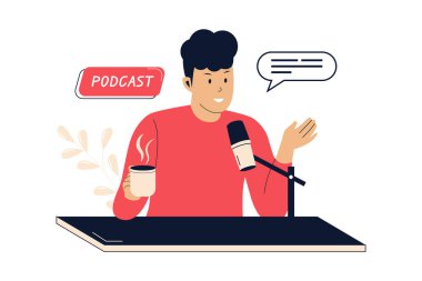 Konuşan ve ses podcastları ya da online programlar kaydeden bir adam. Web siteleri, iniş sayfaları, mobil uygulamalar, posterler ve afişler için resimler.