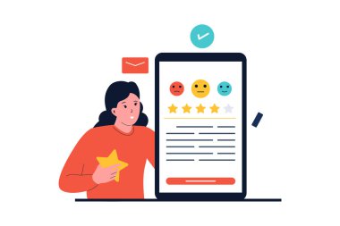 Çevrimiçi inceleme kavramı. İnsanlar bir iş servisine geri bildirim yapıyor. Web siteleri, iniş sayfaları, mobil uygulamalar, posterler ve afişler için resim.
