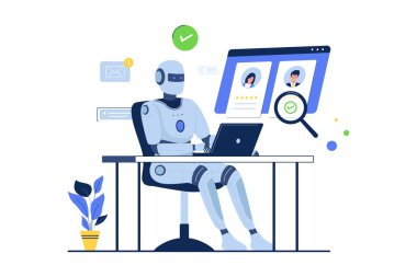 Yapay zeka robotları insanları işe almak için CV 'yi tarıyor. Düz vektör illüstrasyonu