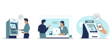 ATM 'den para alan kişinin vektör çizimi. Düz çizim seti