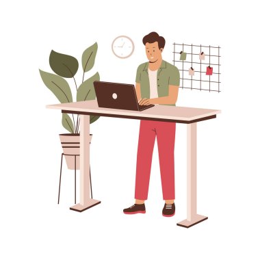 Çalışanlar çalışma masalarında dururken çalışırlar. Web siteleri, iniş sayfaları, mobil uygulamalar, posterler ve afişler için illüstrasyon. Moda düz vektör illüstrasyonu