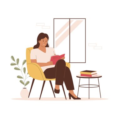 Pencerenin yanındaki koltukta kitap okuyan bir kadın. Web siteleri, iniş sayfaları, mobil uygulamalar, posterler ve afişler için illüstrasyon. Moda düz vektör illüstrasyonu