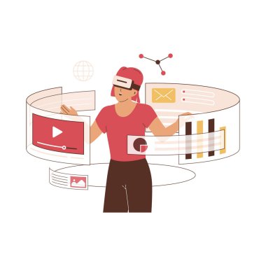 Sanal gerçeklik teknolojisi kullanan kadın karakter. Meta çizim konsepti. Web siteleri, iniş sayfaları, mobil uygulamalar, posterler ve afişler için illüstrasyon. Moda düz vektör illüstrasyonu