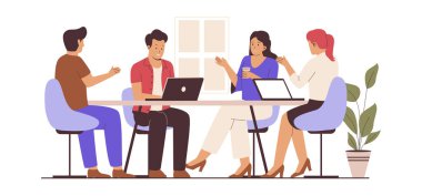 İş ekibi tanıtım toplantısı konsepti. Web siteleri, iniş sayfaları, mobil uygulamalar, posterler ve afişler için illüstrasyon. Moda düz vektör illüstrasyonu