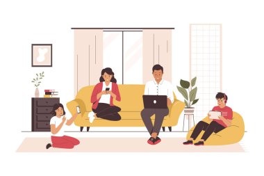 İnternet bağımlılığı aile kavramı. Web siteleri, iniş sayfaları, mobil uygulamalar, posterler ve afişler için resim. Moda düz vektör illüstrasyonu