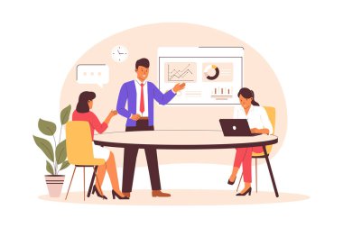 İş ekibi sunum sunumu illüstrasyon kavramı. Web siteleri, iniş sayfaları, mobil uygulamalar, posterler ve afişler için illüstrasyon. Moda düz vektör illüstrasyonu